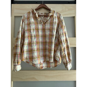 St. John’s Bay Plaid Ruffle-Neck Blouse – Size M – 100% Cotton
